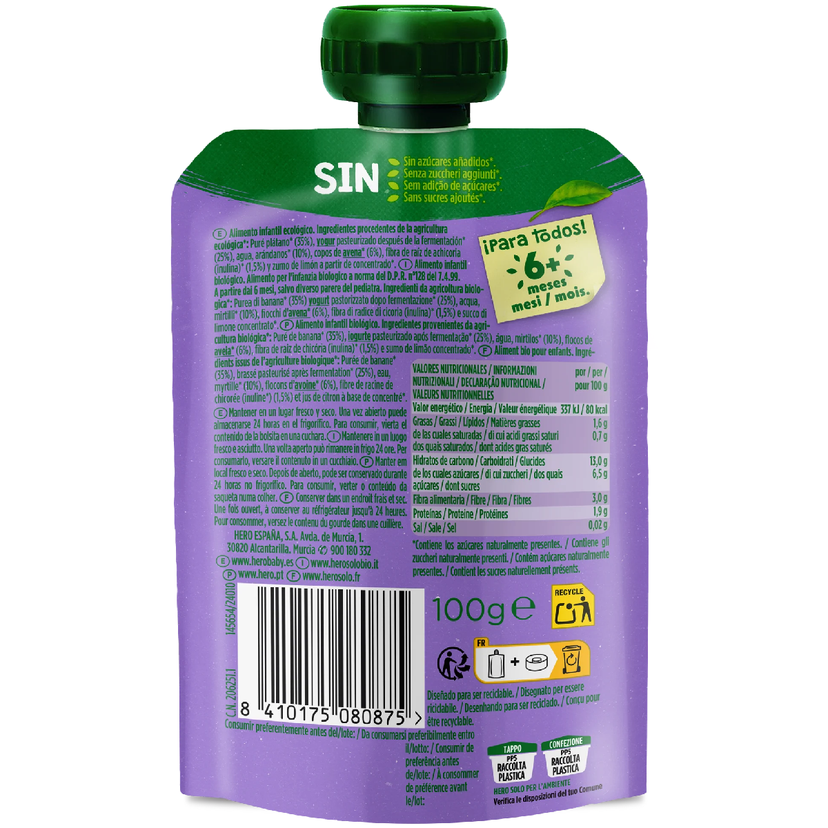 Sachet Nutri Flora saveur banane, myrtilles, yaourt et avoine 100 g Hero Solo