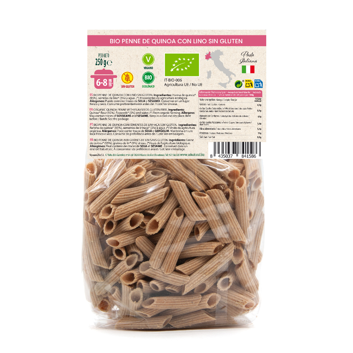Macaronis au quinoa et au lin bio sans gluten Sol Natural 250 g