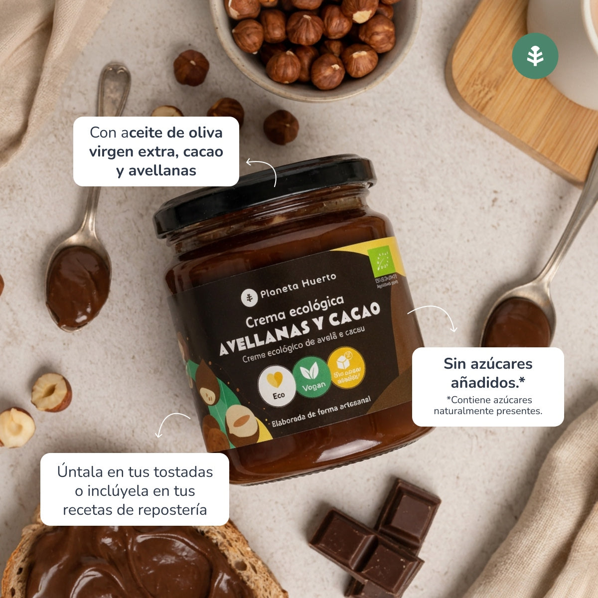 Lot de 2 pots de crème de noisettes et cacao sans sucres ajoutés ECO Planeta Huerto 230 g