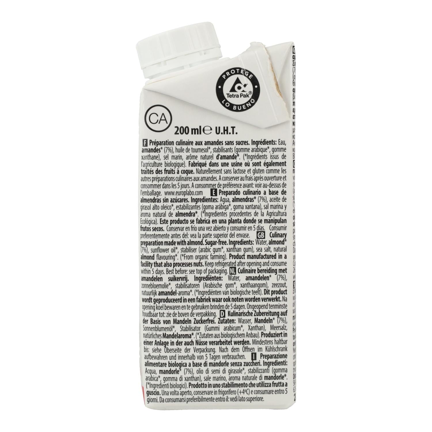 Crema Vegetal de Almendra sin azúcar Bio Cuisine Nature Ecomil 200 ml