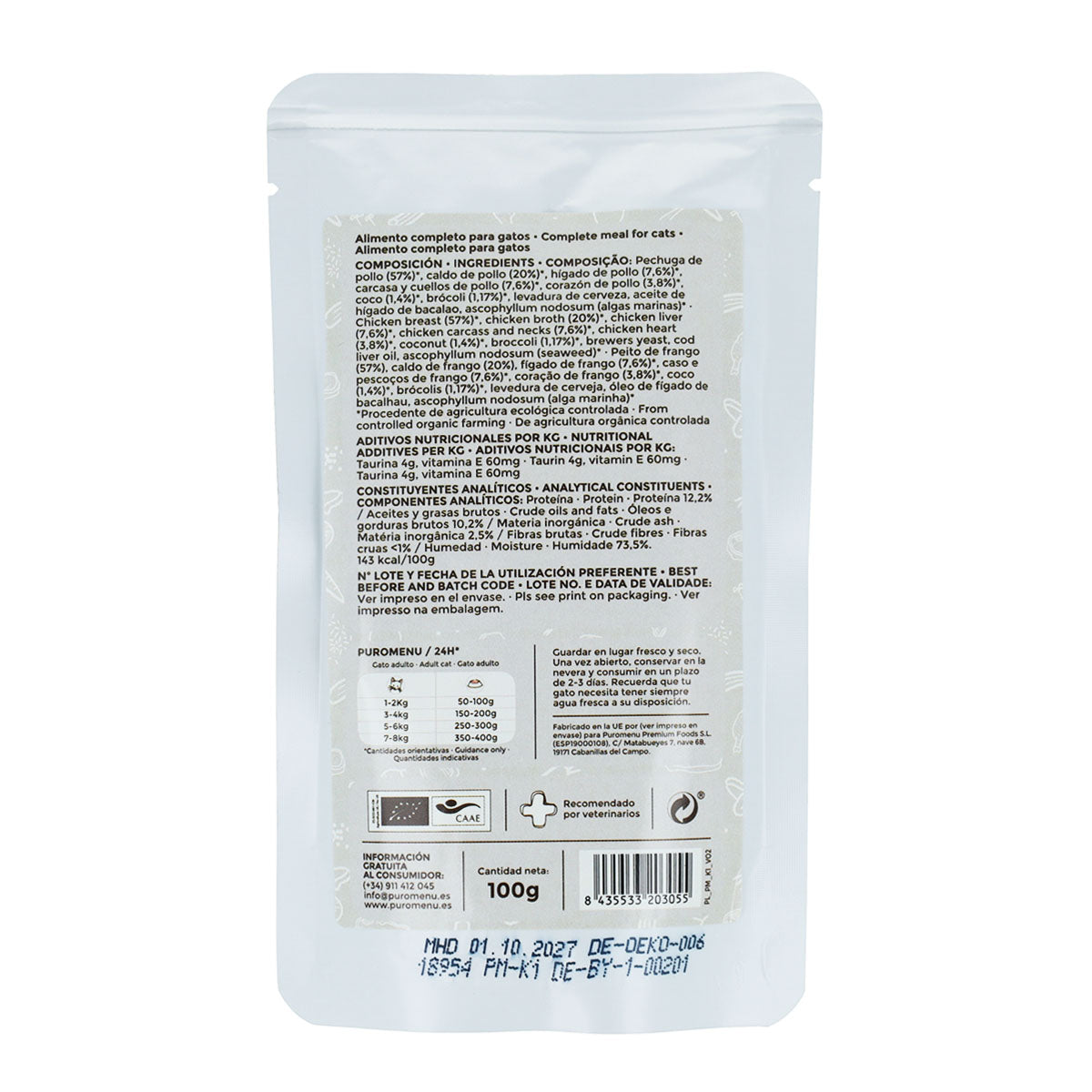 Nourriture humide Barf pour chats Moment de tendresse (poulet) BIO Puromenu 100 g