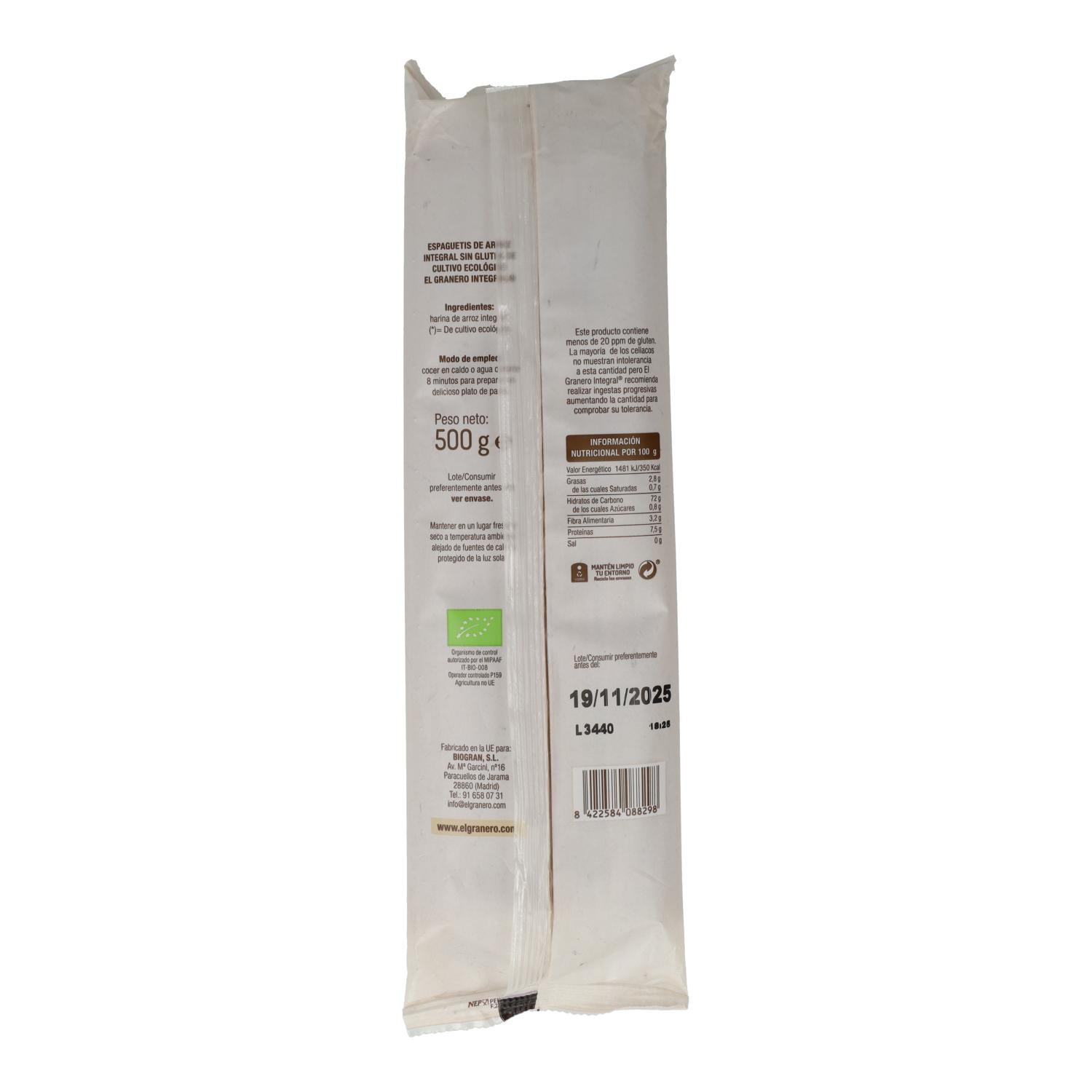 Espaguetis de Arroz Integral Sin Gluten El Granero, 500 g