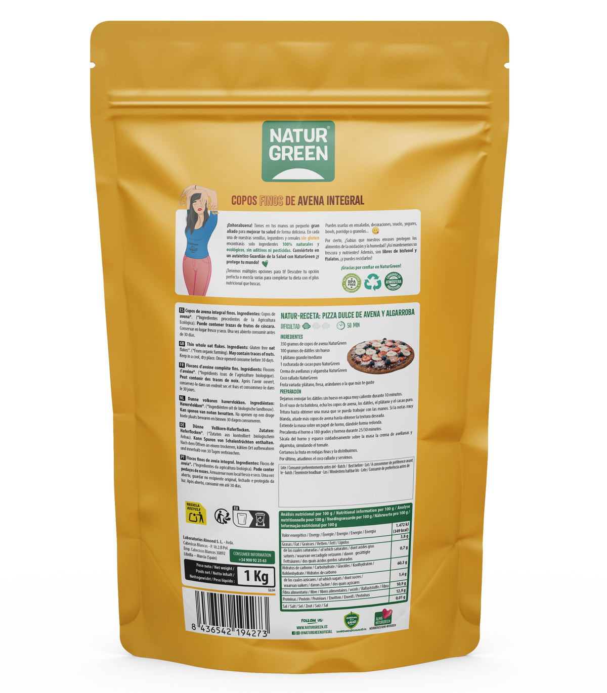 Flocons d'avoine fins sans gluten bio NaturGreen, 1 kg
