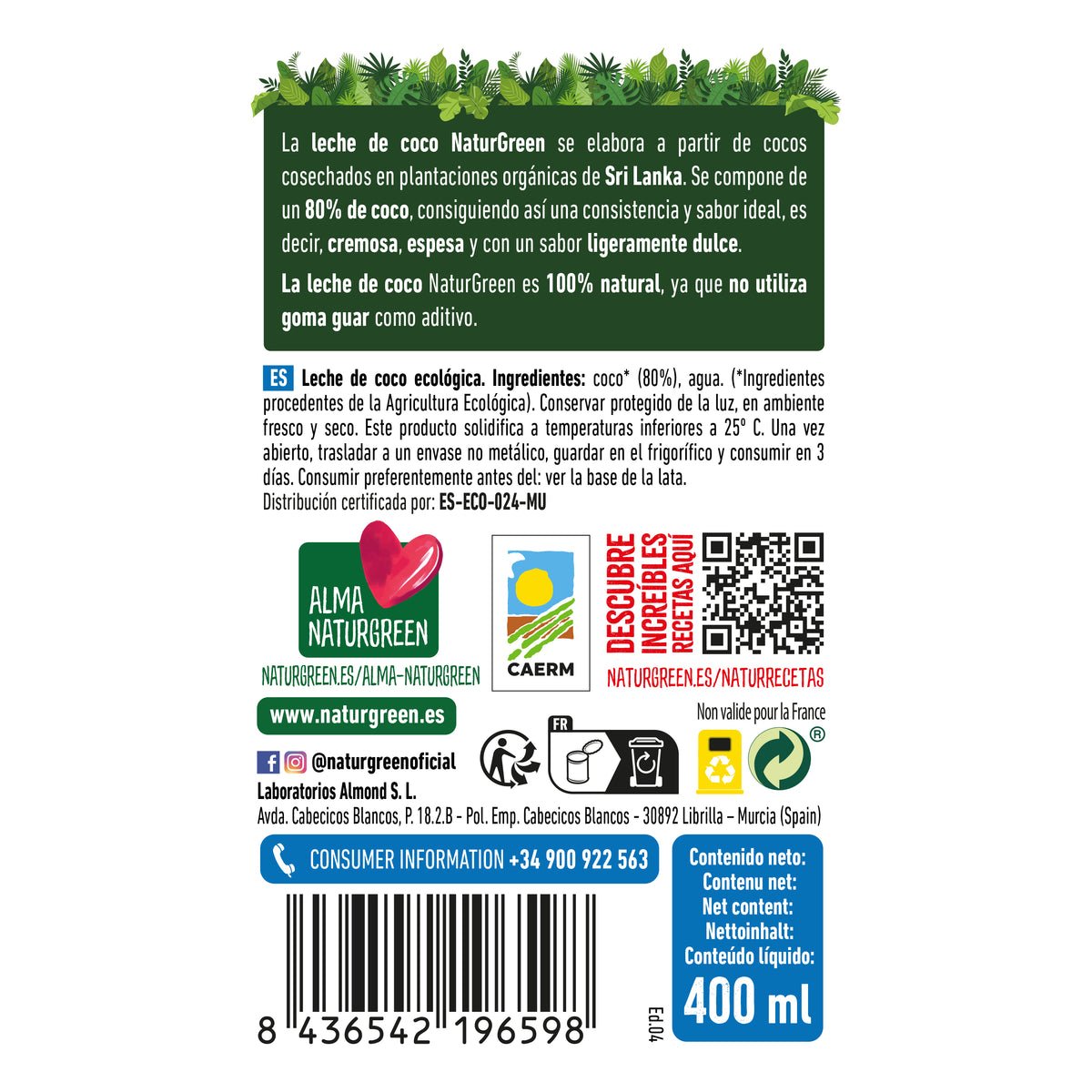 Lait de coco bio NaturGreen 400 g / 400 ml