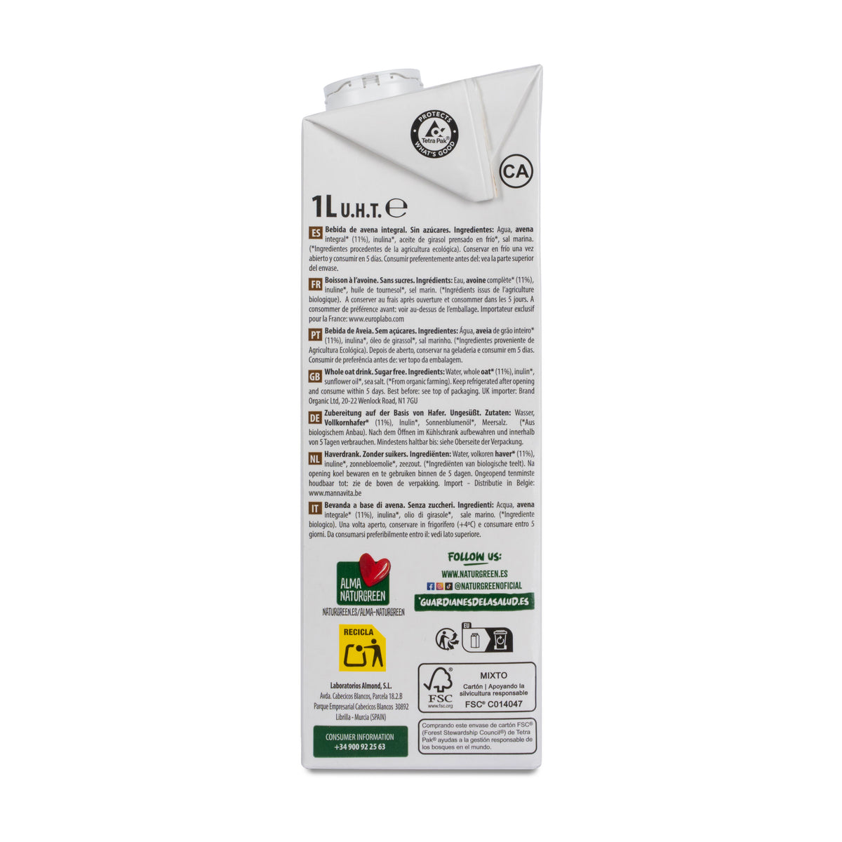 Boisson à l'avoine complète 0 % sucres Bio NaturGreen 1 L