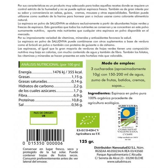 Espinaca en polvo ECO 125 g Salud Viva