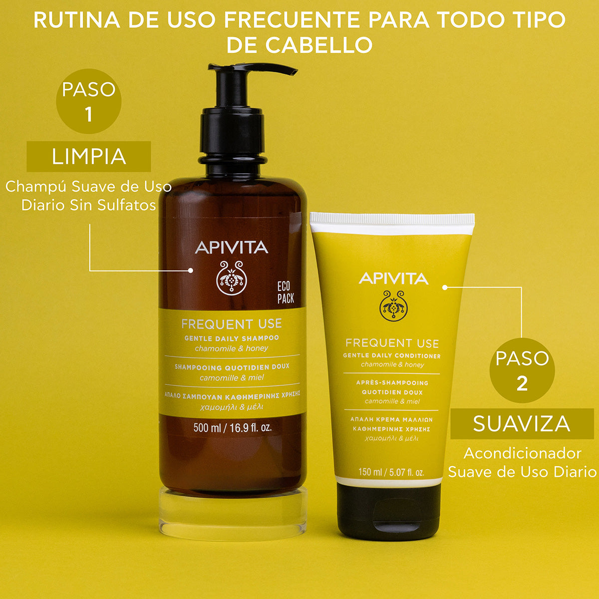 Champú suave de uso diario - ECOPACK APIVITA, 500 ml