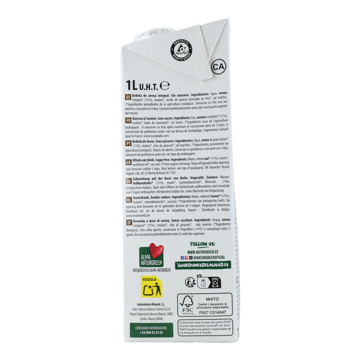 Boisson à l'avoine complète 0 % sucres Bio NaturGreen 1 L