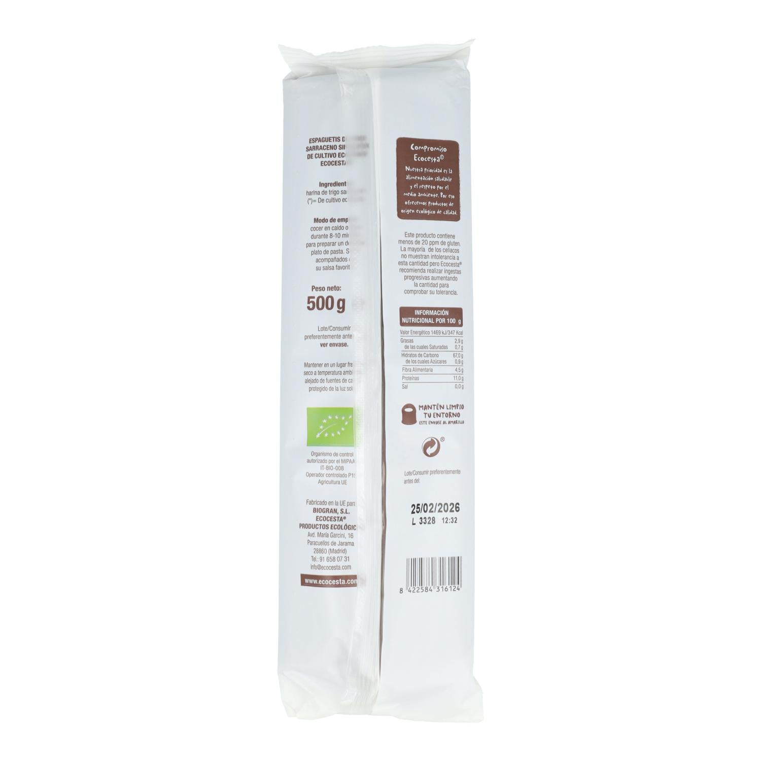 Pack 2x Espaguetis de Trigo Sarraceno sin gluten BIO Ecocesta, 500 g