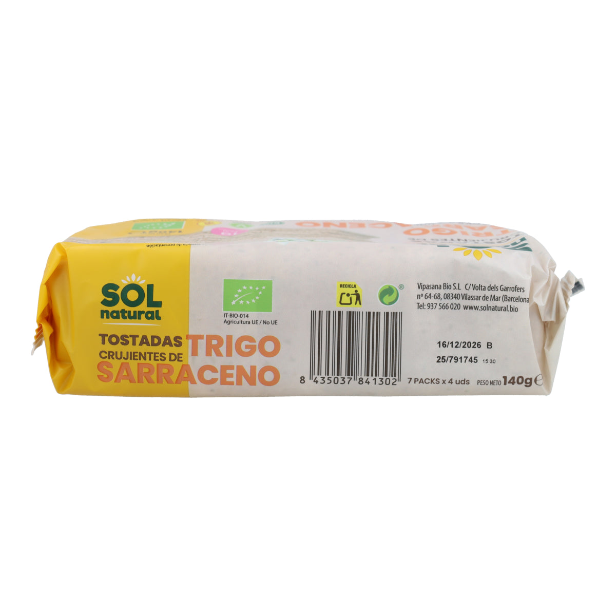 Glutenvrije boekweittoast Sol Natural 140 g BIO