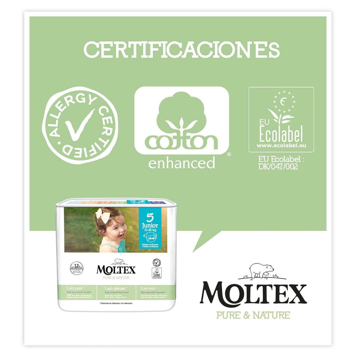 Pañales Moltex Pure & Nature T5 (13-18 kg), 44 Uds