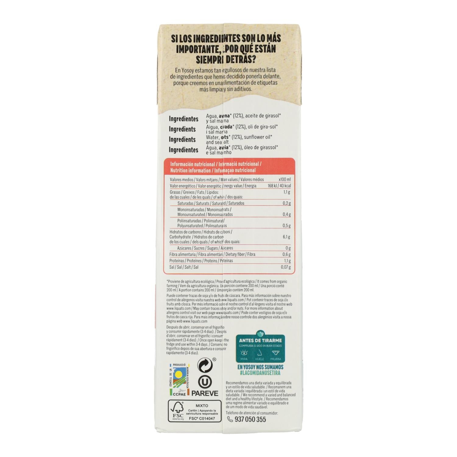 Bebida de Avena 0% Azúcares Bio Yosoy Ecológica 1 L