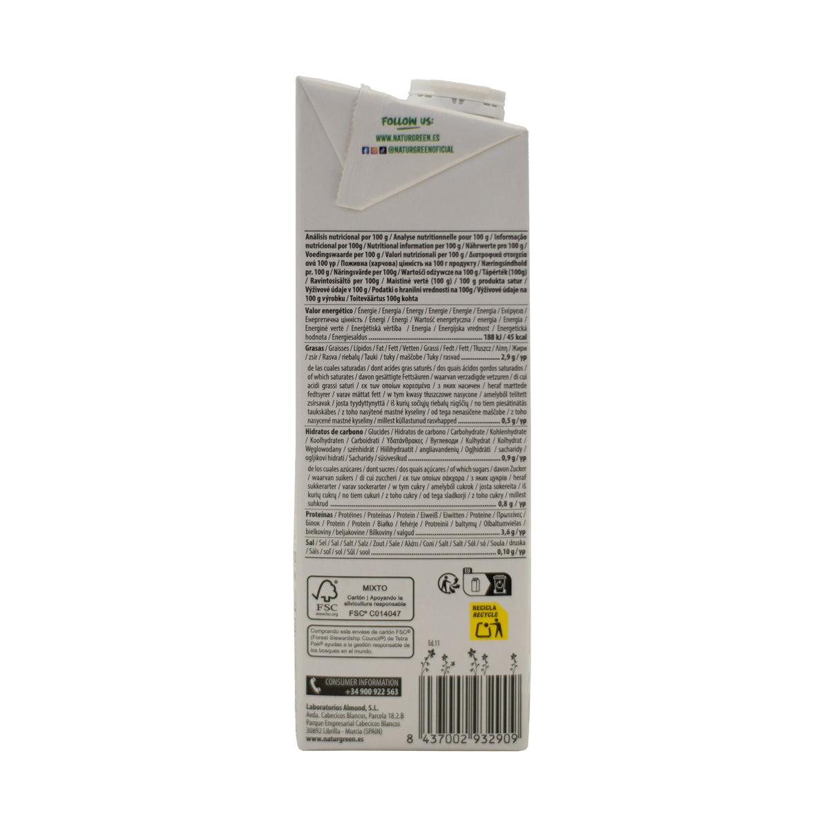Boisson au soja Nature sans sucres NaturGreen, 1 L