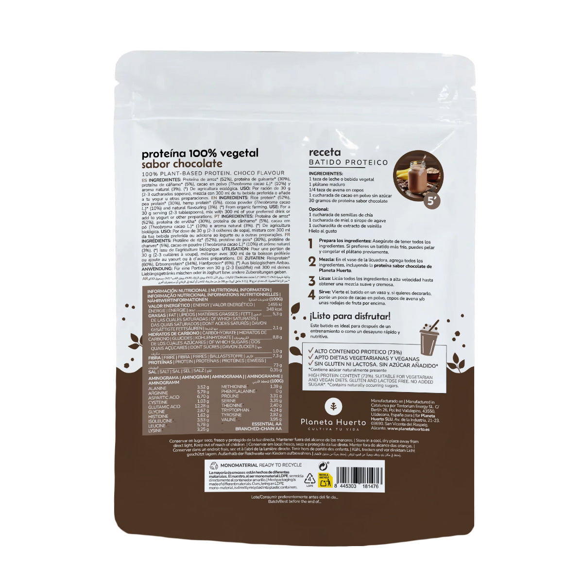 Proteína vegana ECO 73% chocolate Planeta Huerto 500 g