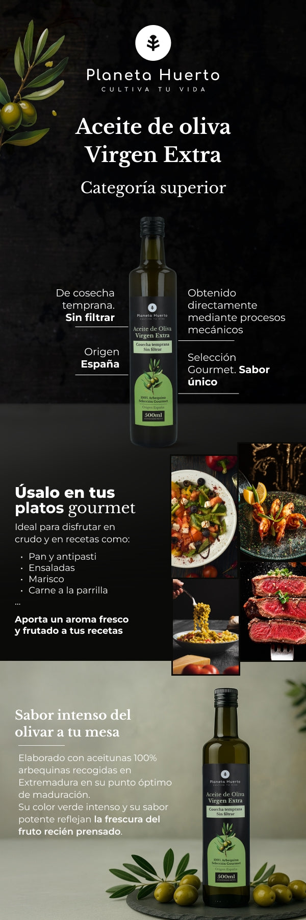 Aceite de oliva virgen extra de cosecha temprana verde sin filtrar Planeta Huerto 500 mL