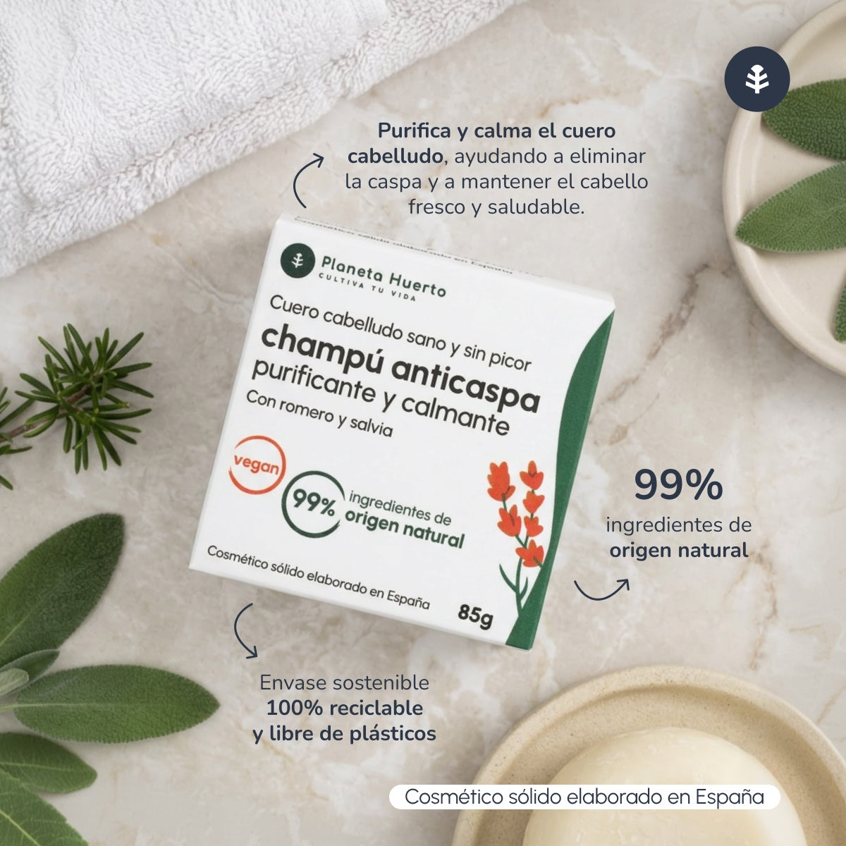 Vaste antiroosshampoo met rozemarijn en salie Planeta Huerto 85 g