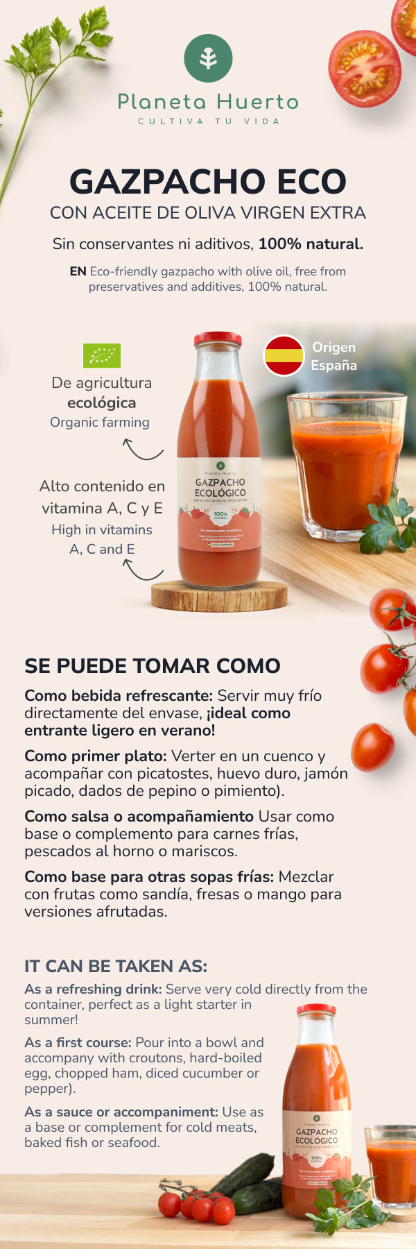 Lot de 3 gazpachos traditionnels BIO à l'huile d'olive vierge extra Planeta Huerto 1 L