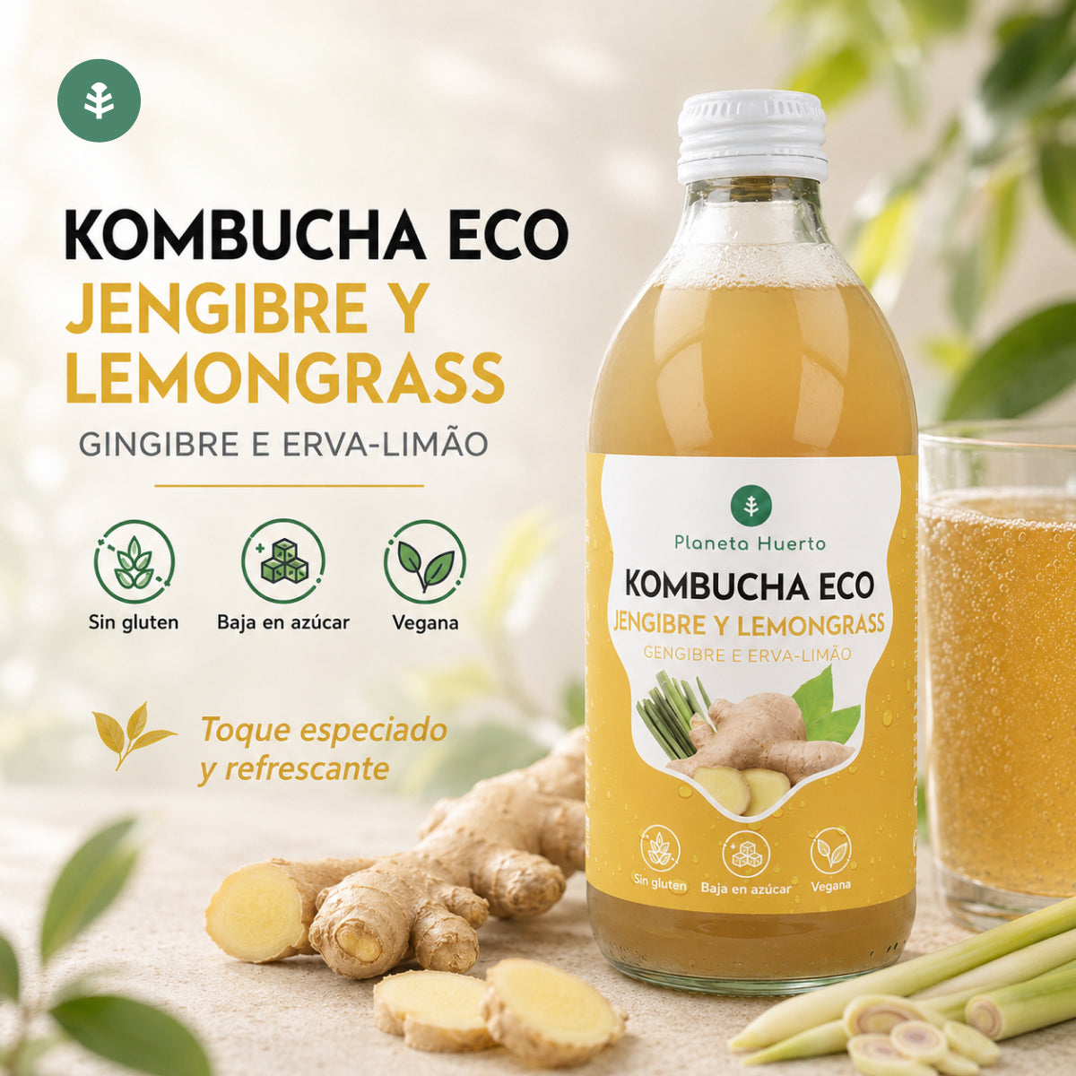 Kombucha ECO Gember en citroengras Planeta Huerto 330 ml
