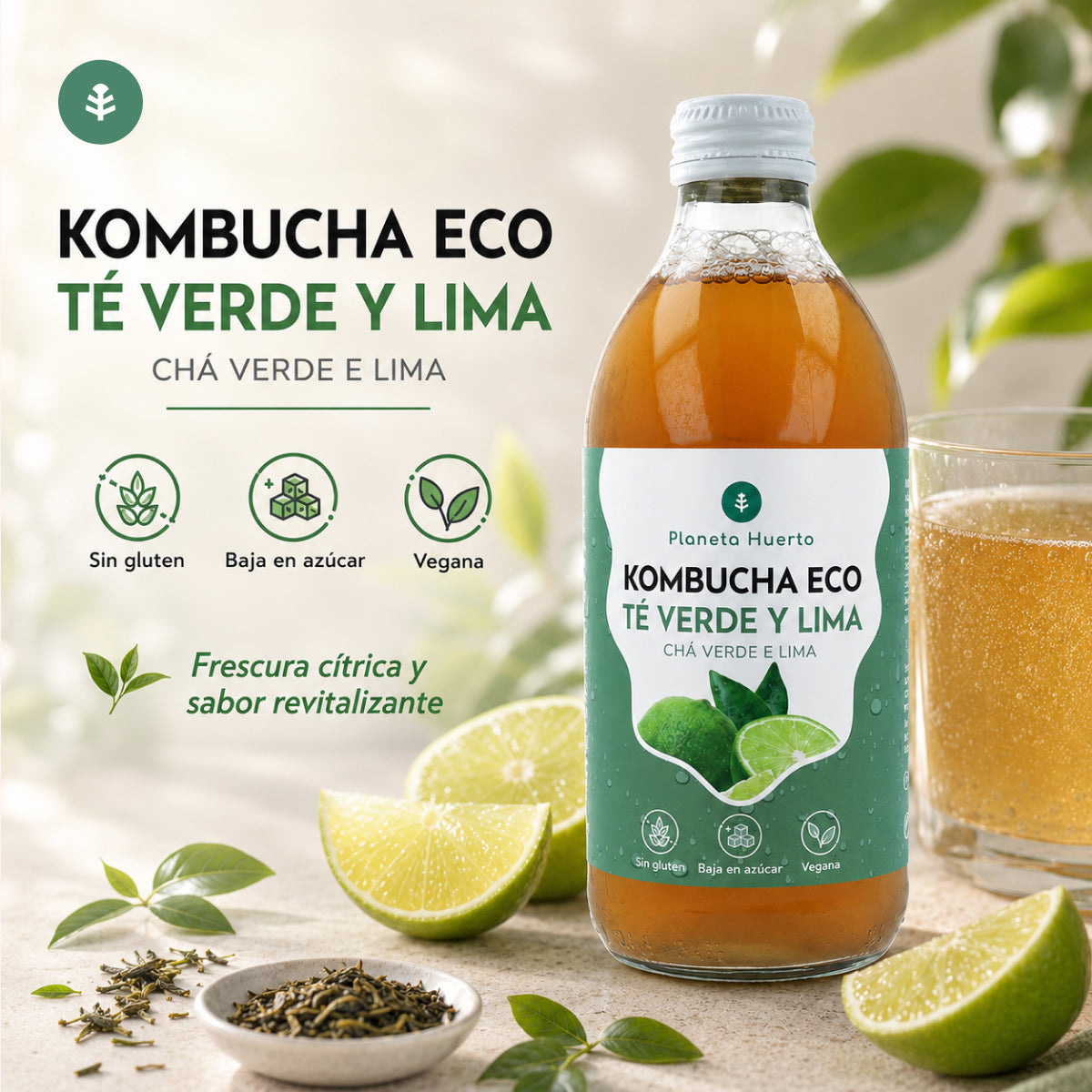 Kombucha ECO groene thee en limoen Planeta Huerto 330 ml