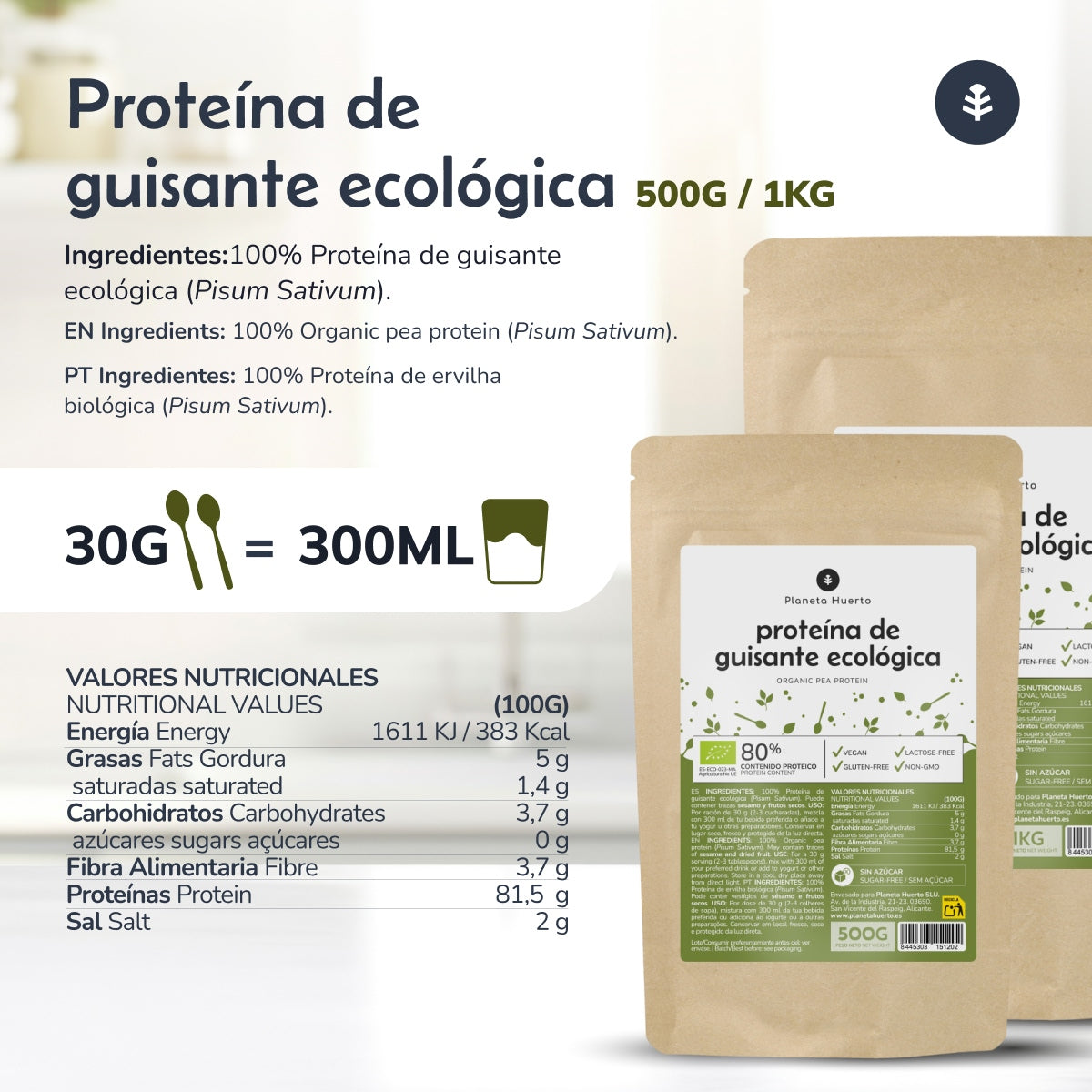 Protéine de pois 80% ECO Planeta Huerto 500 g