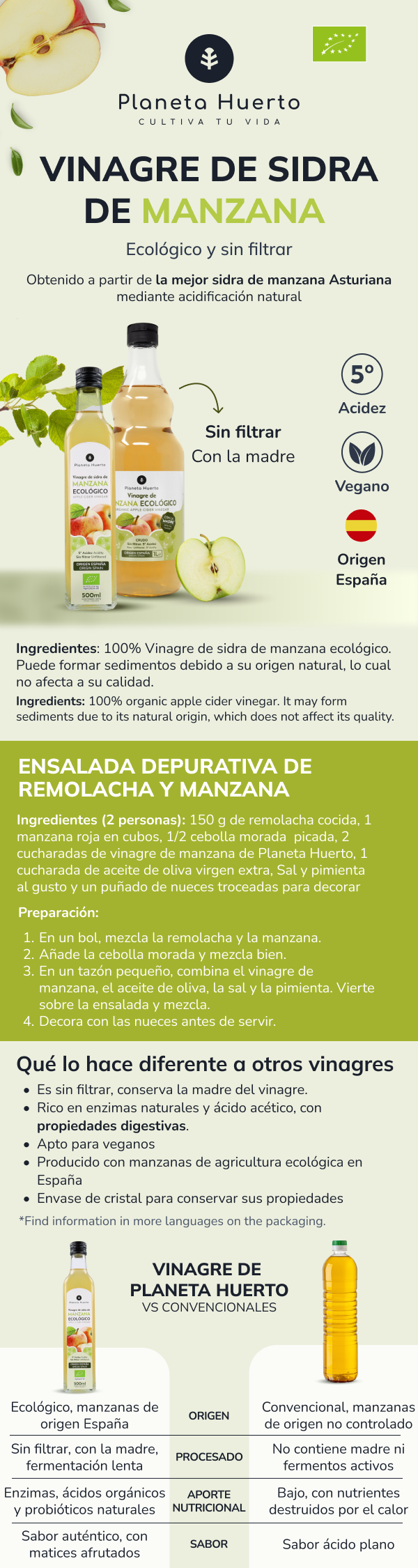 Vinaigre de cidre de pomme non filtré ECO Planeta Huerto 500 ml