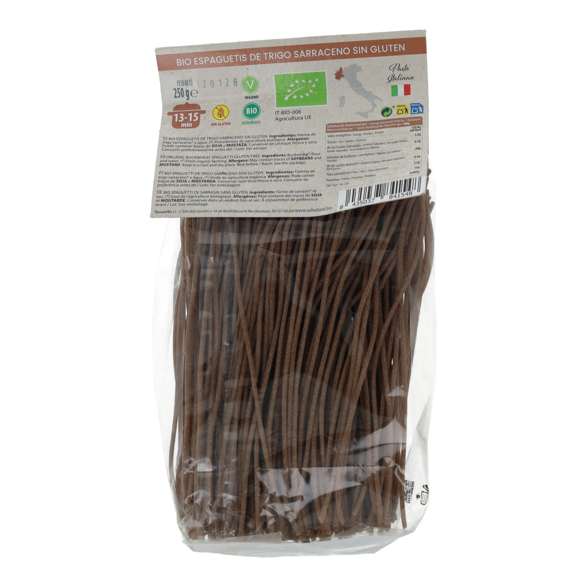 Glutenvrije spaghetti van boekweit, biologisch, Sol Natural 250 g