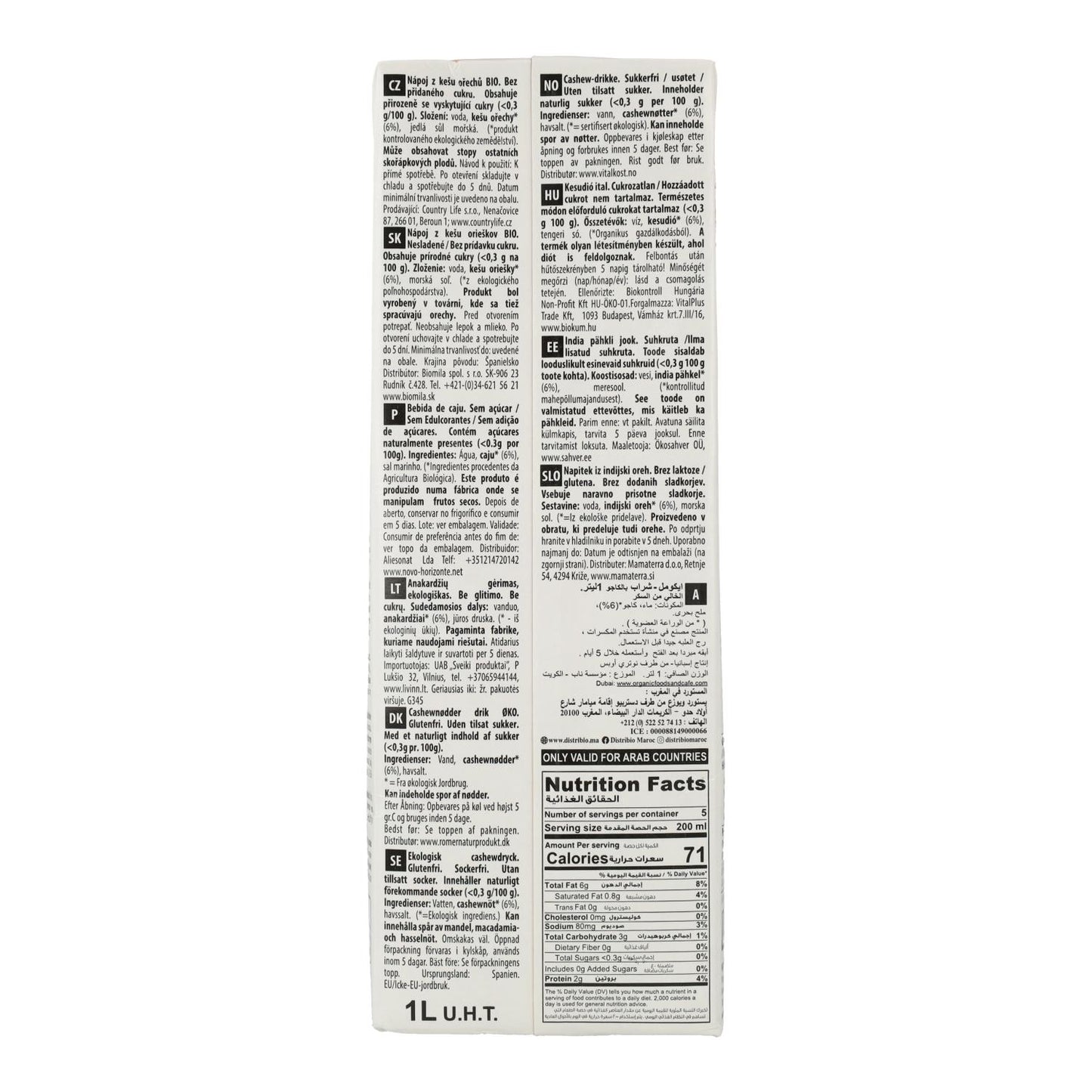 Pack 6 uds Bebida Vegetal Anacardo (Cashew) Nature Bio Ecomil 1 L