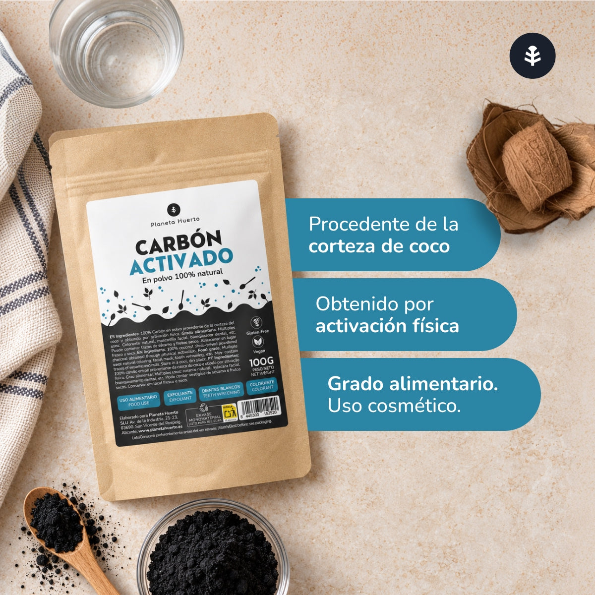 Charbon végétal activé en poudre Planeta Huerto 100 g