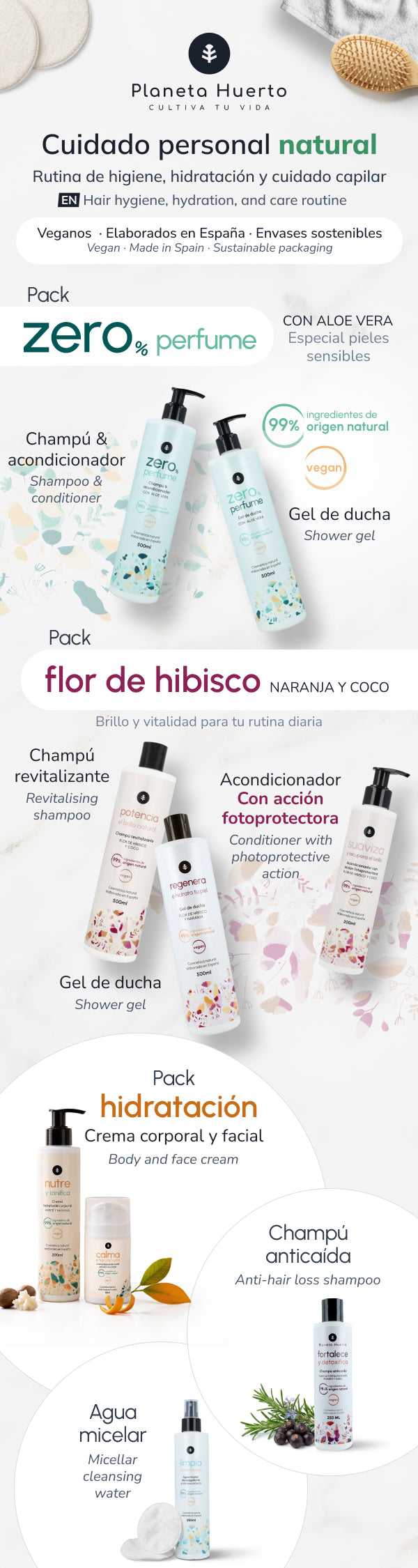Pack Fleur d'hibiscus : Shampooing brillant 500 ml + Gel douche 500 ml + Après-shampooing brillant 200 ml Planeta Huerto