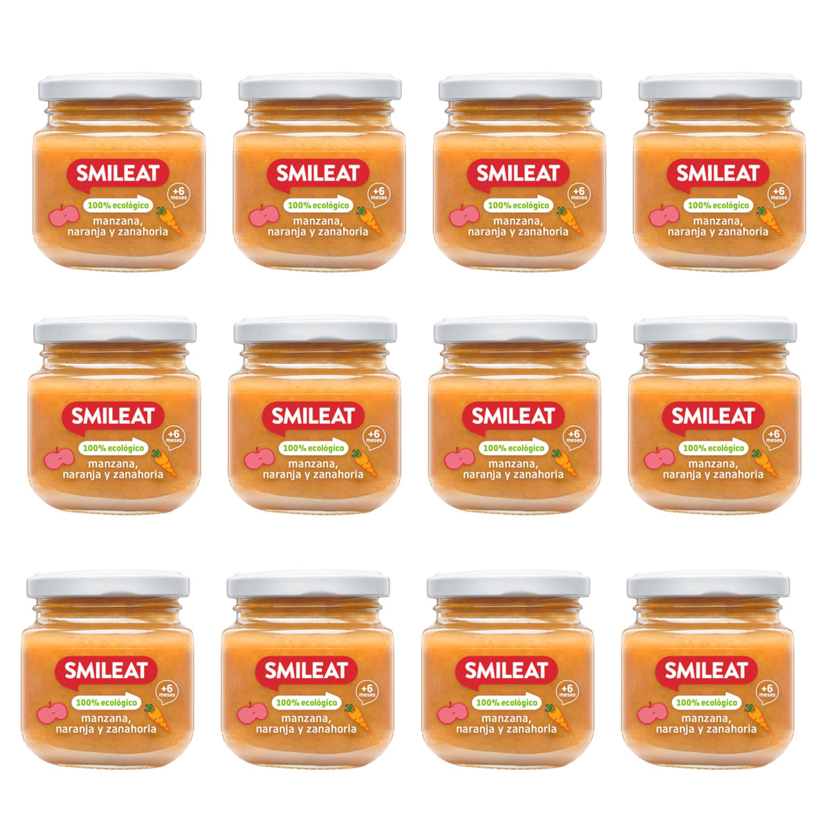 Pack 12x Tarrito de Manzana, Naranja y Zanahoria BIO +6 Meses Smileat, 130g