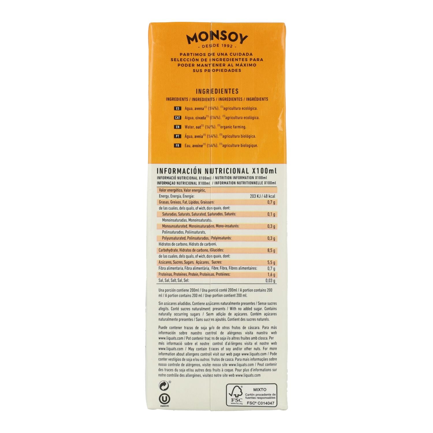 Bebida Avena BIO Monsoy 1 L