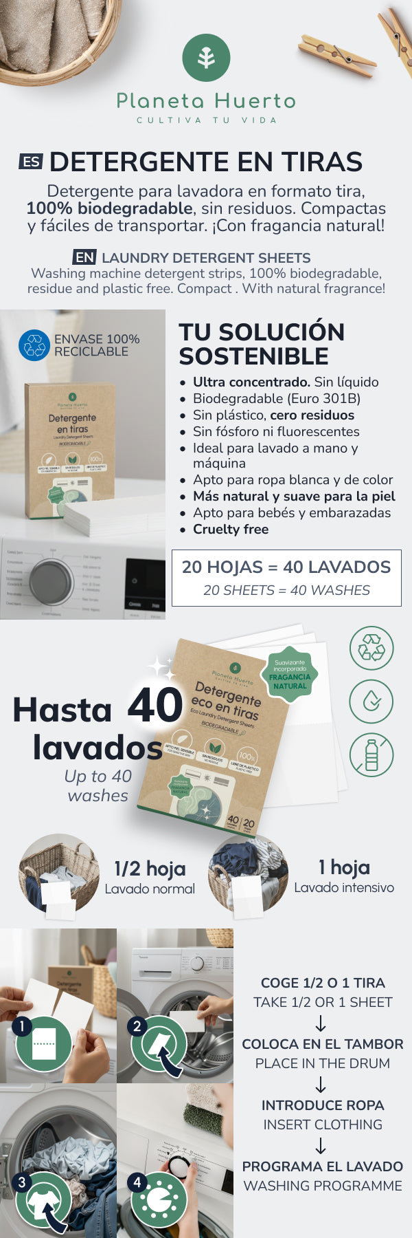 Eco-Tiras lessive et adoucissant Planeta Huerto 40 lavages