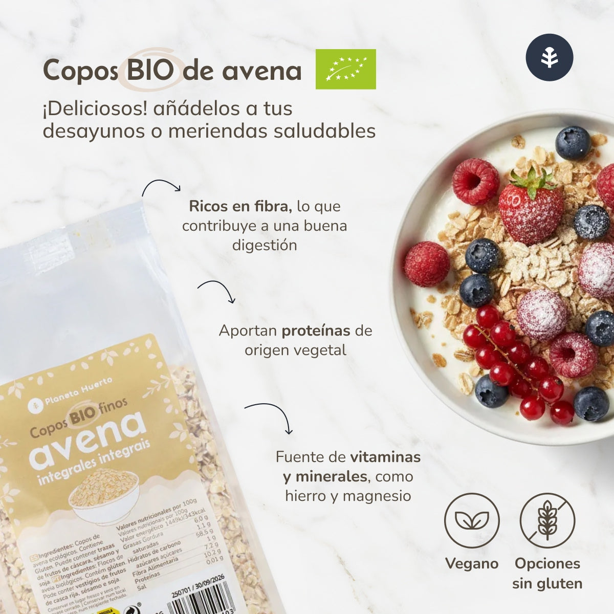 Pack 4x Copos de avena finos Sin Gluten ECO Planeta Huerto 1,5 kg