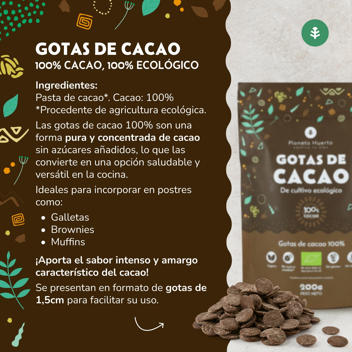Gouttes de chocolat 100% cacao ECO Planeta Huerto 200 g