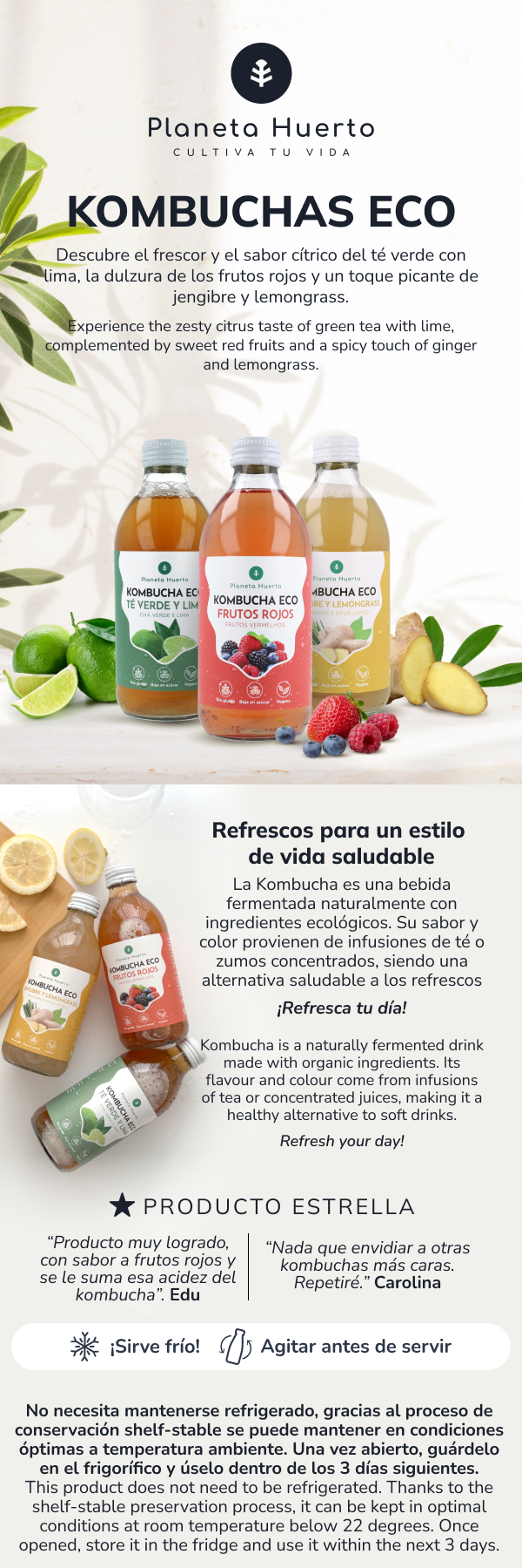 Kombucha ECO groene thee en limoen Planeta Huerto 330 ml