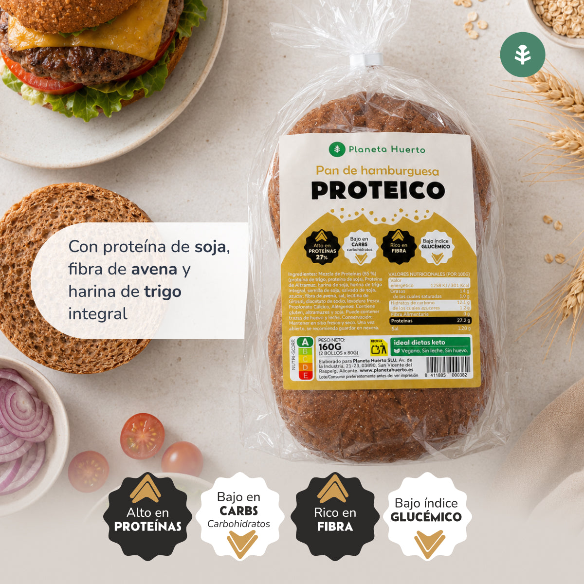 Pain hamburger protéiné Planeta Huerto, 2 x 80 grammes